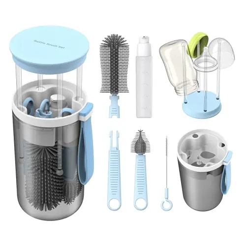 Travel Baby Bottle Brush Set with Extendable Liquid Silicone Bottle Brush，Nipple Brush，Built-in Bottle Drying Rack，Straw Cleaner Brush，Baby Bottle Soap Dispenser，Bottle Warmer (Blue)