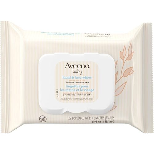 Aveeno Baby Wipes for Sensitive Skin, Unscented Hand and Face, Oat Extract and Aloe, Fragrance-Free Wipes for Sensitive Skin, Free of Sulfates, Alcohol, Parabens, and Dyes, 25 Count