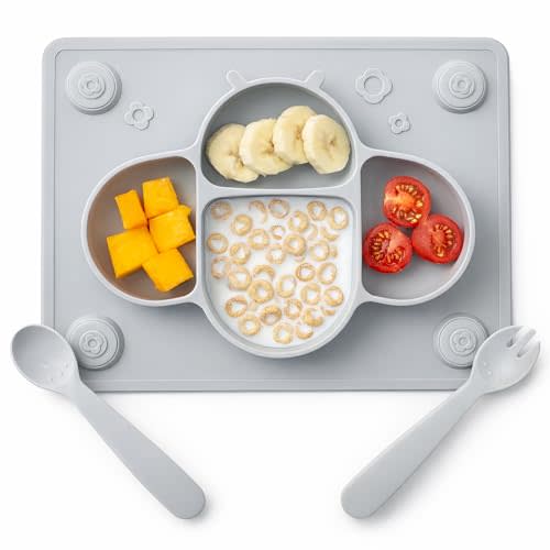 ROCCED Suction Plates for Baby Placemat Spoon Fork Set for Toddlers, Silicone Baby Plates with Suction Baby Dishes for Kids Plates-grey