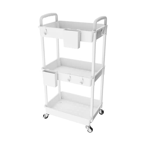 3 Tier Rolling Utility Cart with Handle,REBECAT Utility Cart Made of Multifunctional Storage Organizer Tool for Kitchen,Bathroom,Living Room,Office(White)