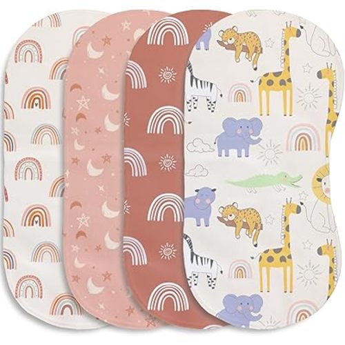 4 Pack Baby Burp Cloths for Boys Girls, Soft Cotton, Boho Rainbow and Cute Animals Design, Super Absorbent Baby Burping Cloths for Newborns, Machine Washable and Reusable Baby Spit-Up Cloths