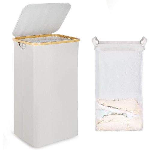 efluky Laundry Basket with Lid and Removable Bag, 100L Tall Laundry Hamper with Bamboo Handles, Aesthetic Dirty Clothes Bin for Laundry Room, Bathroom, Bedroom and Dorm, Light Grey
