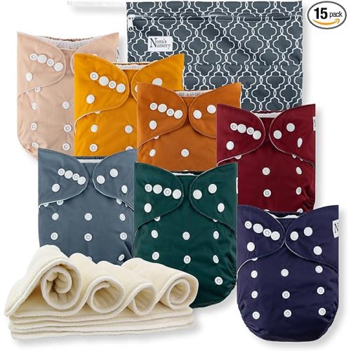 Nora's Nursery Cloth Diapers 7 Pack with 7 Inserts & 1 Wet Bag - Waterproof Cover, Washable, Reusable & One Size Adjustable Pocket Diapers for Newborns and Toddlers-Pacific Neutrals