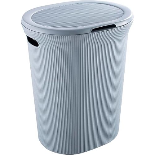 Superio Ribbed Collection - Decorative Plastic Laundry Hamper with Lid and Cut-Out Handles, Blue (1 Pack) Basket Organzier for Bedroom Bathroom College Dorm Room 40 Liter