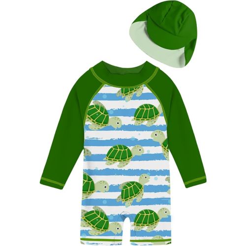 uideazone Baby Boys One Piece Swimsuit Long Sleeve UPF 50+ Rash Guard Bathing Suit Swimwear with Sun Hat 3-24 Months