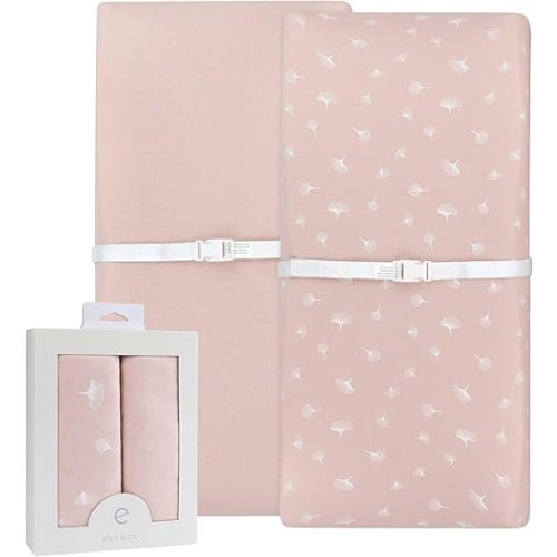 Ely’s & Co. Changing Pad Cover, Diaper Changing Table Sheets, 2 Pack, Cradle Sheet Set for Baby Girls, 100% Jersey Knit Cotton, Pink Gingko Collection, 32”x16”x5”