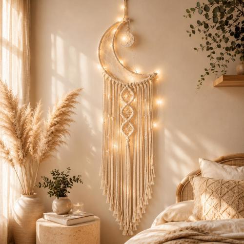 Boho Crescent Moon Macramé Wall Hanging, Handmade Cotton Dream Catcher, Nursery Bedroom Apartment Entryway Decor Gift