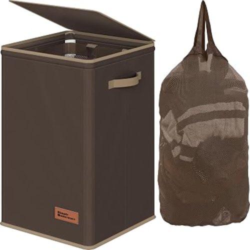 Simple Houseware Foldable Laundry Hamper Basket with Lid and Bag, Brown