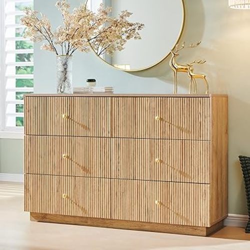 Fluted Dresser for Bedroom, 47" 6 Drawer Dressers, Wood Tall Dresser Storage Organizer, Modern Chest of Drawers with Deep Storage for Closet Hallway, Entryway, Living Room, Natural