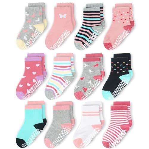 CozyWay Baby & Toddler Socks With Grippers Non Slip Crew Grip Socks for Girls and Boys Soft Comfy Cotton - 12 Pack