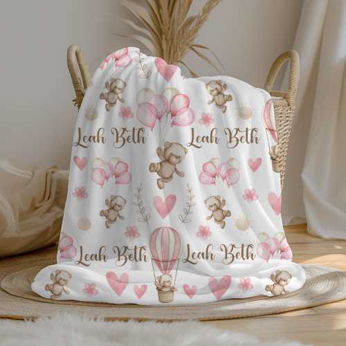 Personalized Teddy Bear Baby Girl Blanket | Custom Name Crib Blanket | Swaddle Set | Minky Fleece Sherpa | Baby Shower Gift | Nursery Decor