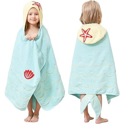 Style Quarters Premium 100% Cotton Terry Kids Beach Towel with Mermaid Embroidery - Hooded Bath Towel for Toddlers, Cyan 50"x24"