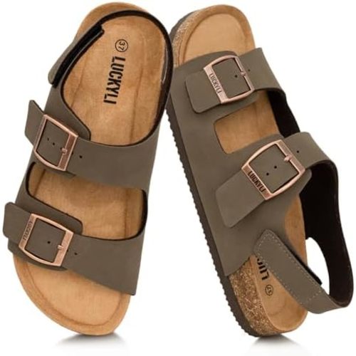 LUCKYLI Toddler Kids Sandals Boys Girls Cork Footbed Sandal Comfort Double Buckle Slip On Open-toe Slides with Adjustable Back Strap