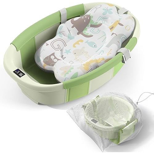 Collapsible Baby Bathtub - Large Baby Bath Tub with Thermometer & Cushion | Travel Portable Newborn Infant Bathtub | Foldable Toddler Bathtub for Baby 0 to 36 Months (Green)