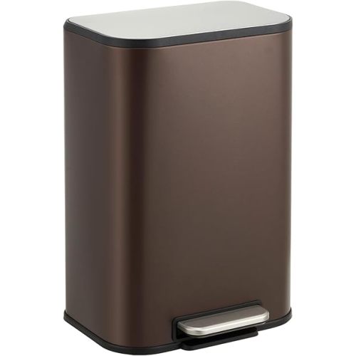 GarveeHome Bathroom Trash Can, 3.2 gal Stainless Steel Garbage Can with Lid, Rectangular Small Step Waste Bin with Foot Pedal & Removable Inner Bucket for Kitchen Bedroom Restroom (Matte Brown)