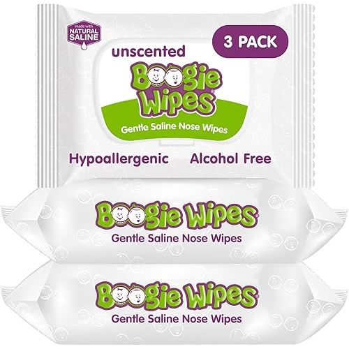 Boogie Wipes Saline Nose Wipes - 90 Count - Unscented, Hypoallergenic & Alcohol-Free - Allergy Relief - Made with Natural Saline, Aloe, Chamomile & Vitamin E - Diaper Bag Essential