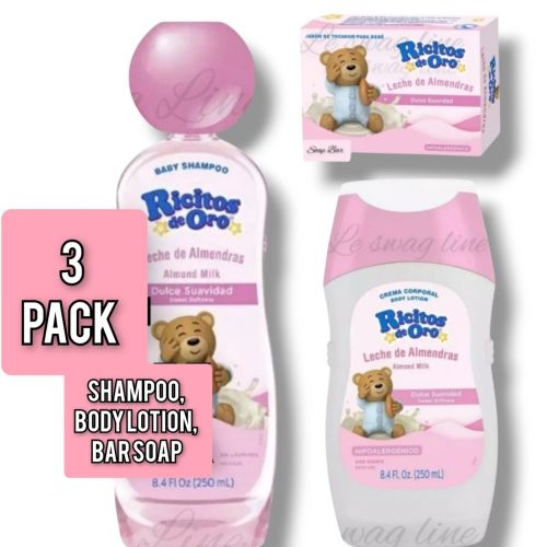 Trio pack Ricitos De Oro Almendra:  Shampoo, Body Lotion, Bar Soap
