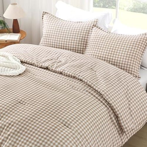 Andency Tan Gingham Comforter Set Twin(66x90Inch), Brown Checkered Grid Plaid Buffalo Bed Set for Girls Boys Kids Teens, 2 Pieces Lightweight Polyester Geometric Preppy Bedding