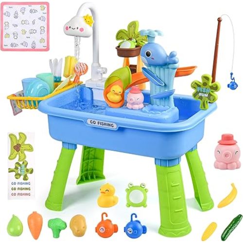 Upgraded Toddler Sand Water Table Toy with Electric Water Pump, Kids Sand Water with Faucet/Play Food Accessories/Fishing Toy, Kitchen Play Sink Toys for Girl Boy Age 3+ (Blue)