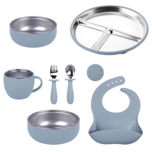 7 Pcs 304 Stainless Steel Plates and Bowls Set 9 Inch Suction Plates Stainless Steel Bowl and Cup with Removable Silicone Forks Spoons Pocket Bib for Baby Toddle(Blue)