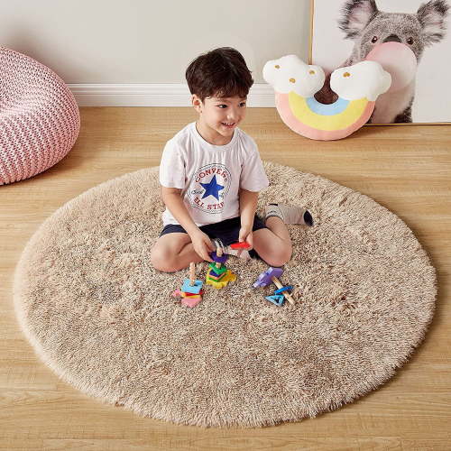 Junovo Round Fluffy Area Rugs For Kids Girls Princess Castle Plush Shaggy Carpet Cute Circle Nursery Rug For Kids Room Bedroom Living Room,4'x4',Tan