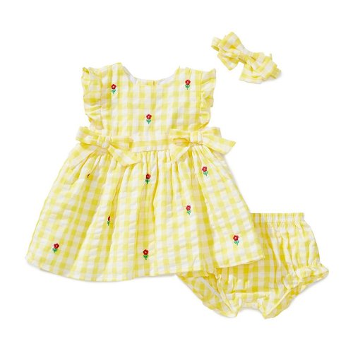 Adventurewear 360 Baby Girls Gingham Embroidered Flowers Bow Detail Dress & Bow Set