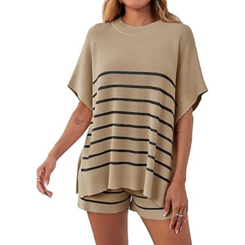 Fisoew Women's Striped 2 Piece Outfits Oversized Batwing Short Sleeve Tops High Waisted Shorts Summer Knit Lounge Short Sets