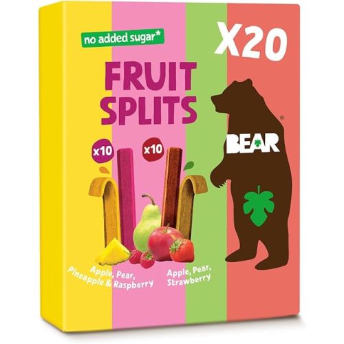 BEAR Real Fruit Snack Splits - Gluten Free, Vegan, and Non-GMO - Variety Pack (Apple/Strawberry, Raspberry/Pineapple)– Healthy School And Lunch Snacks For Kids And Adults, 0.7 Ounce (Pack of 20)