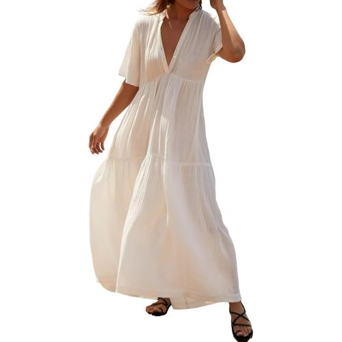 R.Vivimos Womens Summer Cotton Flowy Maxi Dress Short Sleeve V Neck Empire Waist Boho Tiered Ruffle Casual Loose Long Dresses