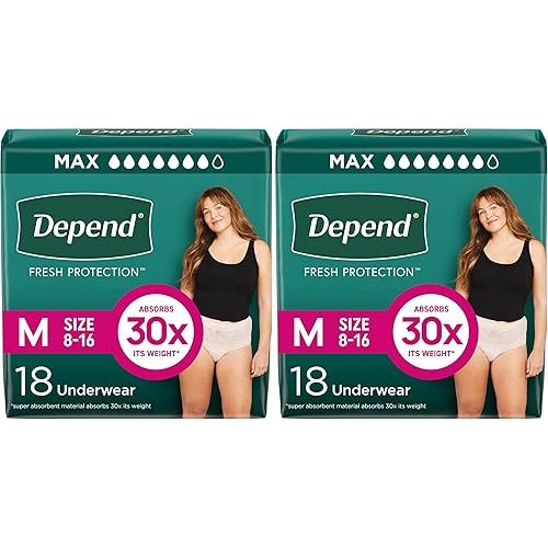 Depend FIT-Flex Incontinence Underwear for Women, Disposable, Maximum Absorbency, Medium, Blush, 18 Count (Pack of 2)