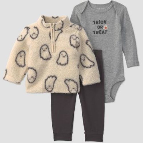 Carter's Just One You® Baby Boys' 3pc Ghost Printed Quarter Zip Shearling Jacket with Bodysuit and Sweatpants Set - Black/Ivory Newborn