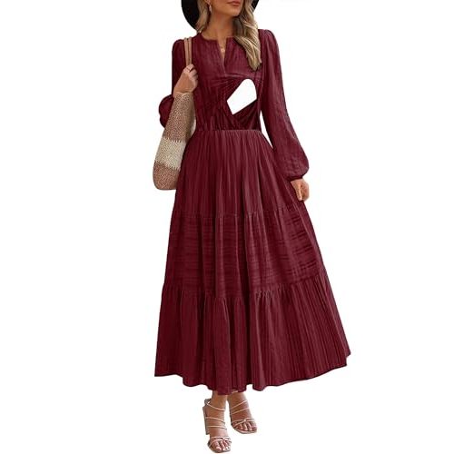 CzzzyL Nursing Fall Dresses for Women Puff Long Sleeve V Neck Tiered Wedding Guest Maxi Dress with Pockets