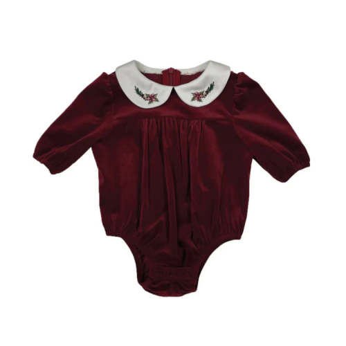 Baby Girl Velvet Peter Pan Collar Romper Embroidered Stretch Cotton Maniere – Olive Sprout Kids