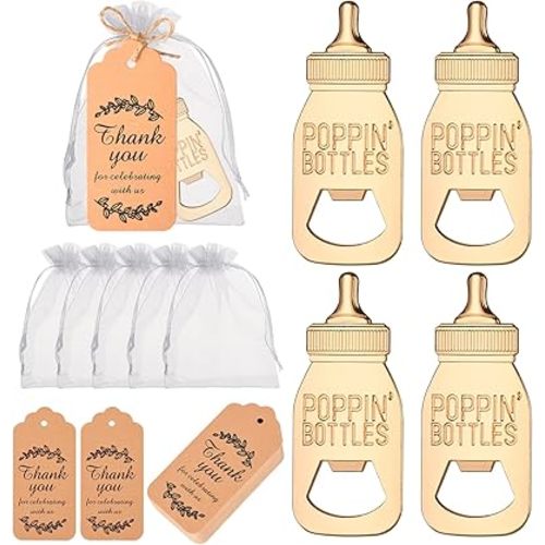 50 Pieces Baby Bottle Openers, Poppin Bottle Design for Baby Shower Favors with Tank You Gift Tag Card in Bulk