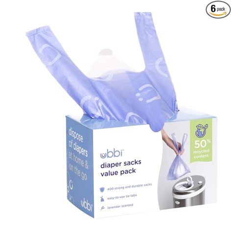 Ubbi Disposable Nappy Sacks, Lavender Scented, Easy-To-Tie Tabs, Baby Diaper Disposal or Pet Waste Bags, Value Pack, 400 Count (Pack of 6)