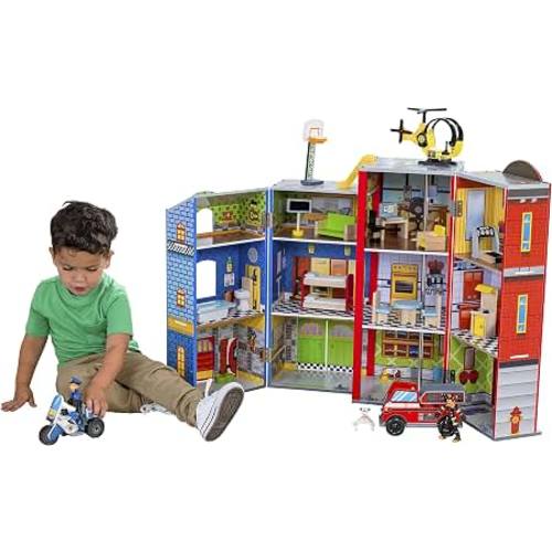 Amazon.com: KidKraft Everyday Heroes Wooden Playset, 3-Story with 26-Piece Accessories, Foldable for Storage
