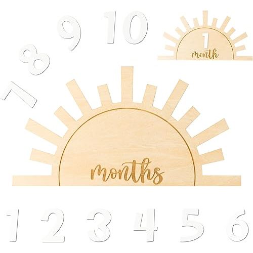 R HORSE Baby Monthly Milestone Card, Double Sided Boho Sun Wooden Monthly Milestone Discs with Number Cards, Newborn Months Signs Announcement Baby Shower Photography Props Gifts for Boy Girl