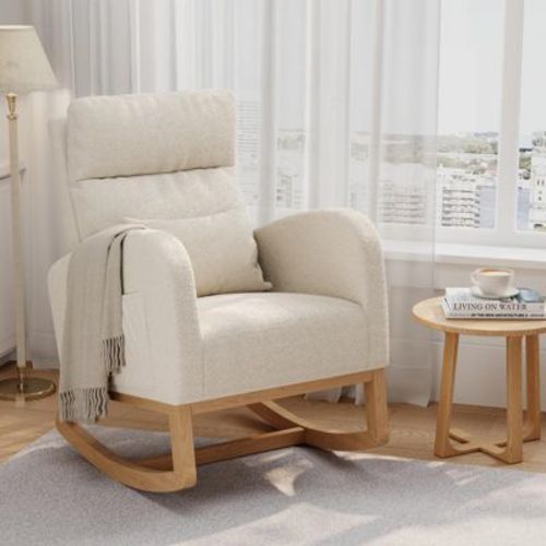 Modern Fabric Nursery Rocking Chair with Side Pockets and Pillow - Glider Accent Chair for Living Room Bedroom - Beige+Teddy without Footrest