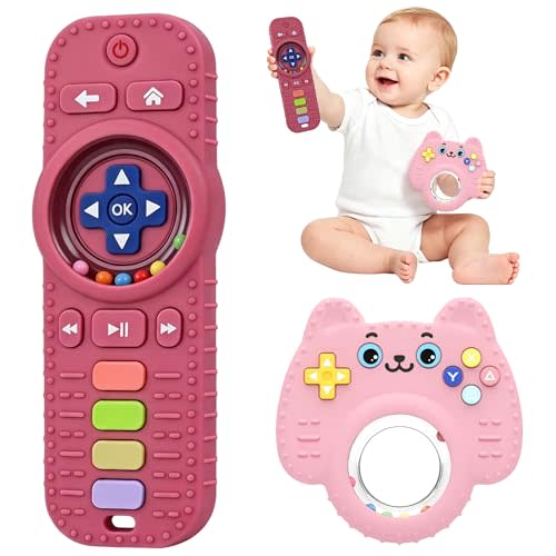 Chuya Baby Toys Baby TV Remote Control Teething Toys, 2 Pack Silicone Rattles Rings for 0-18 Months, Teethers Sensory Development Gift for Infants