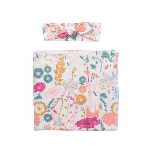 Floral Newborn Swaddle Set Blanket for a Girl Pink Coral Peach Top Knot Headband Jersey Knit Blanket Infant Gift Baby Shower Flower Field