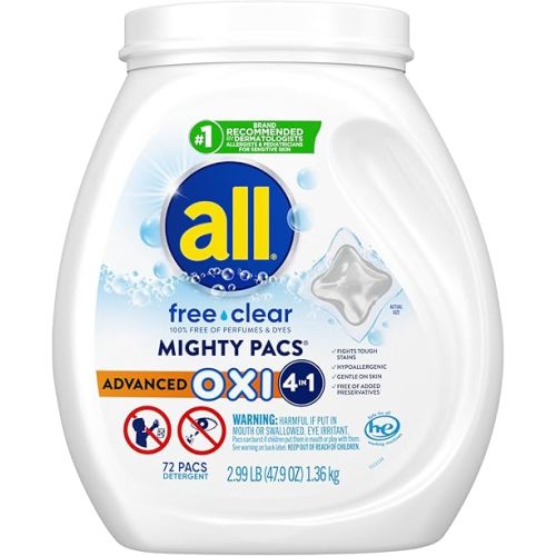 all Unit Dose Laundry Detergent, Mighty Pacs, Free Clear, OXI, 72 Count