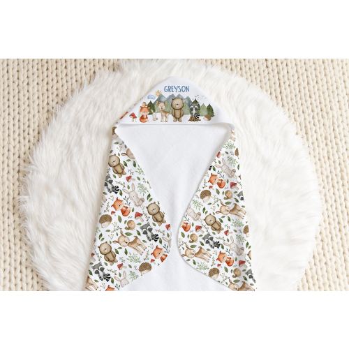 Personalized Woodland Hooded Towel, Forest Hooded Baby Towel, Woodland Animals Towel, Newborn Baby Gift, New mom gift, Pine trees towel Maf