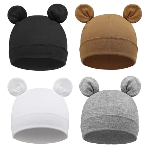DRESHOW BQUBO 4 Pieces Baby Beanie Newborn Toddler Cute Bear Ears Knit Hat Hospital Hats for Baby Boys Girls