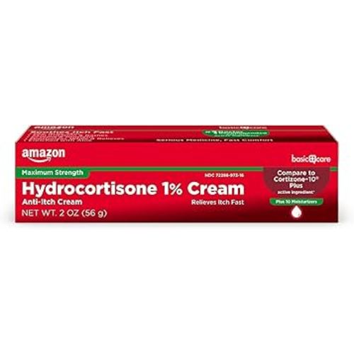 Amazon Basic Care Maximum Strength Hydrocortisone 1 Percent Anti-Itch Cream Plus 10 Moisturizers, 2 ounce (Pack of 1)