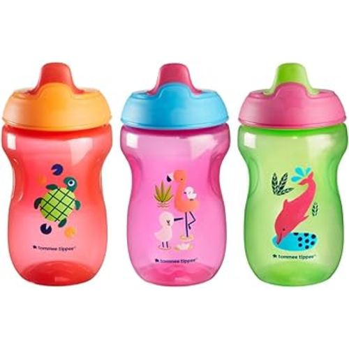 Tommee Tippee Sippee Cup, 9m+, 10oz, Pack of 3 Non-Spill Water Bottles for Toddlers, Red, Purple and Green, Bite-Resistant Spout, Easy to Hold, Leak-Proof and BPA Free
