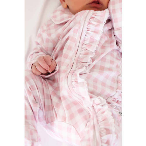 Peter Pan Collar Ruffle Zipper Footie | Rosy Gingham