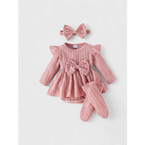 3 Pc Baby Girl Cable Knit Bodysuit Set