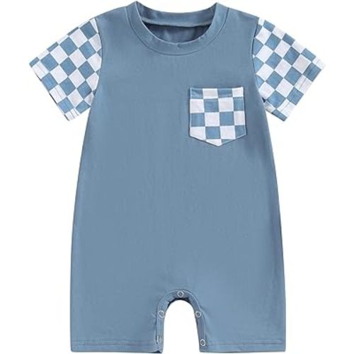 Karuedoo Newborn Baby Boy Girl Clothes Checkered Plaid Romper Jumpsuit Short Sleeve One-Piece Bodysuit Infant Summer Outfit