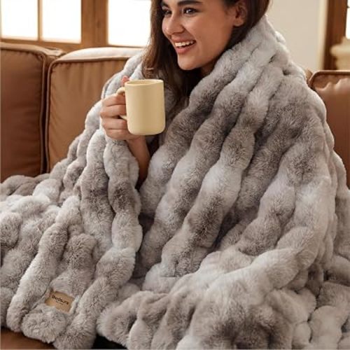 Bedsure Fluffy Bubble Faux Fur Twin Blanket, 60"x80", Tie-dye Brown