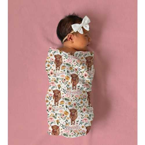 Highland Cow Baby Girl Blanket Hat Set -Personalized Baby Swaddle Set - Baby Gift Name Announcement -Personalized Baby Girl Blanket SW129